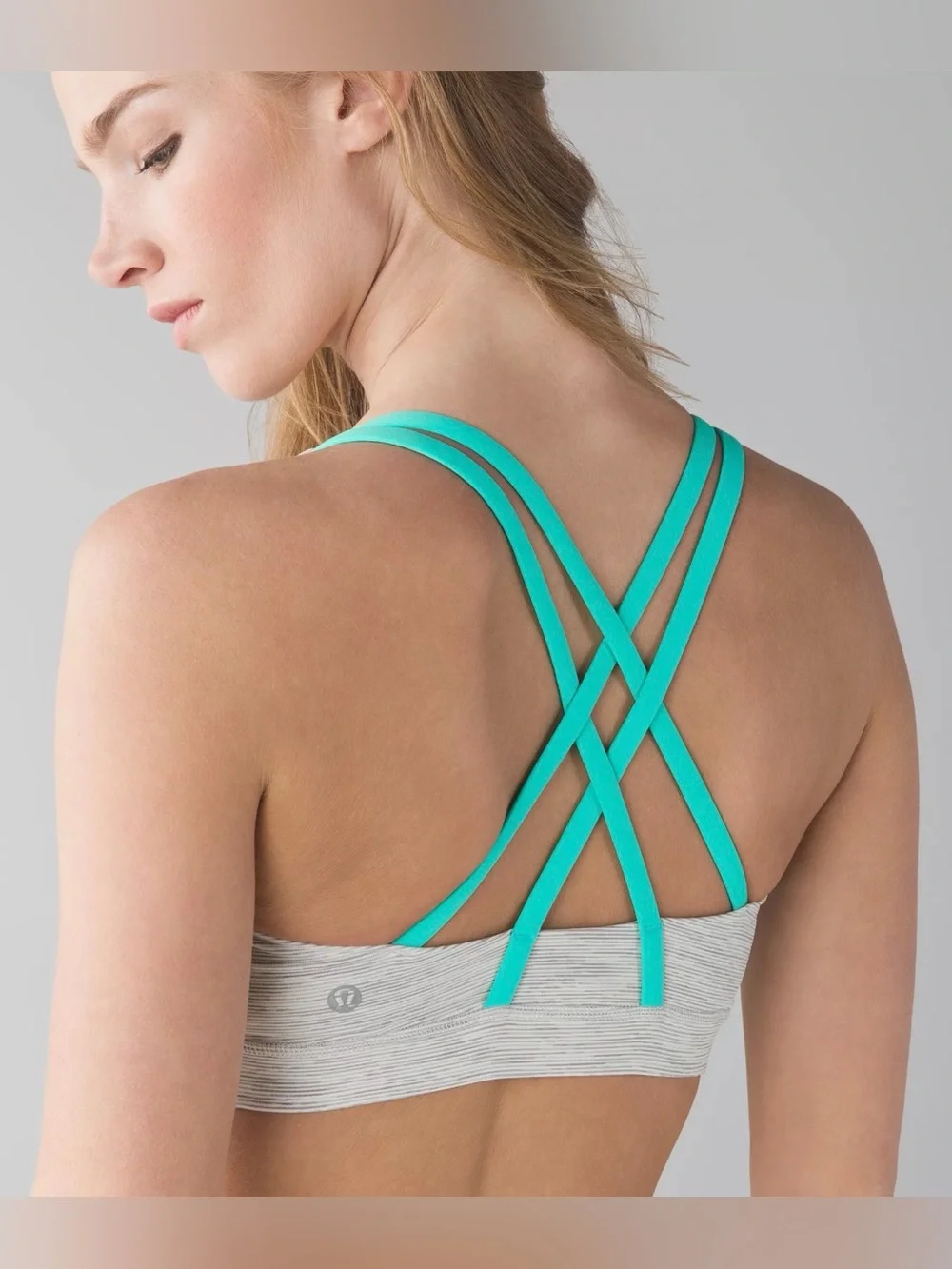 Lululemon size 6 Women’s Heather Gray Sports Bra with Teal Straps